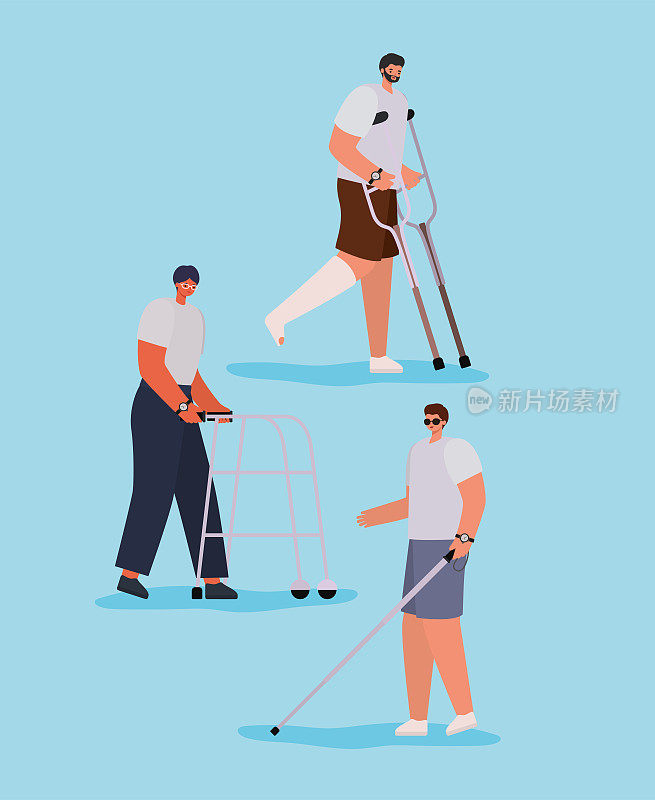 disability men cartoons with walker crutches cast and cane vector design